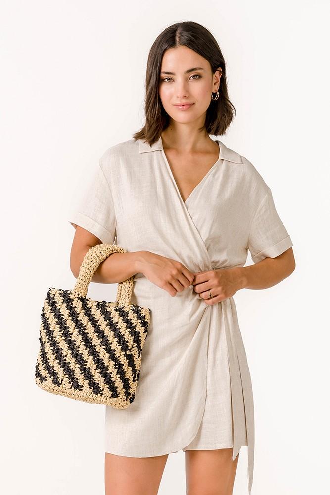 Abbacino Bolso de mano trenzado a rayas en negro y beige