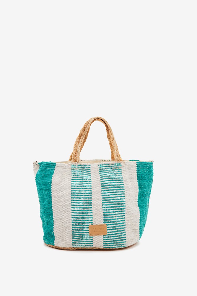 Abbacino Capazo Pequeño De Rafia Con Print A Rayas Blanco Y Turquesa