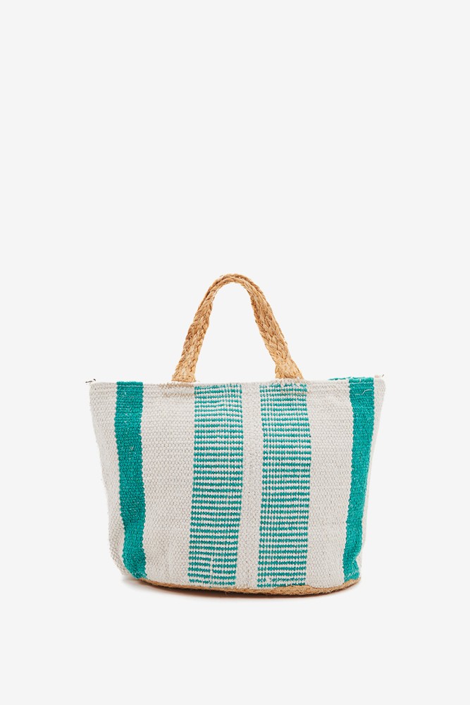 Abbacino Capazo Pequeño De Rafia Con Print A Rayas Blanco Y Turquesa