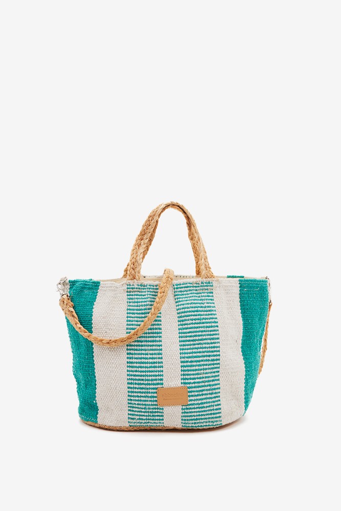Abbacino Capazo Pequeño De Rafia Con Print A Rayas Blanco Y Turquesa