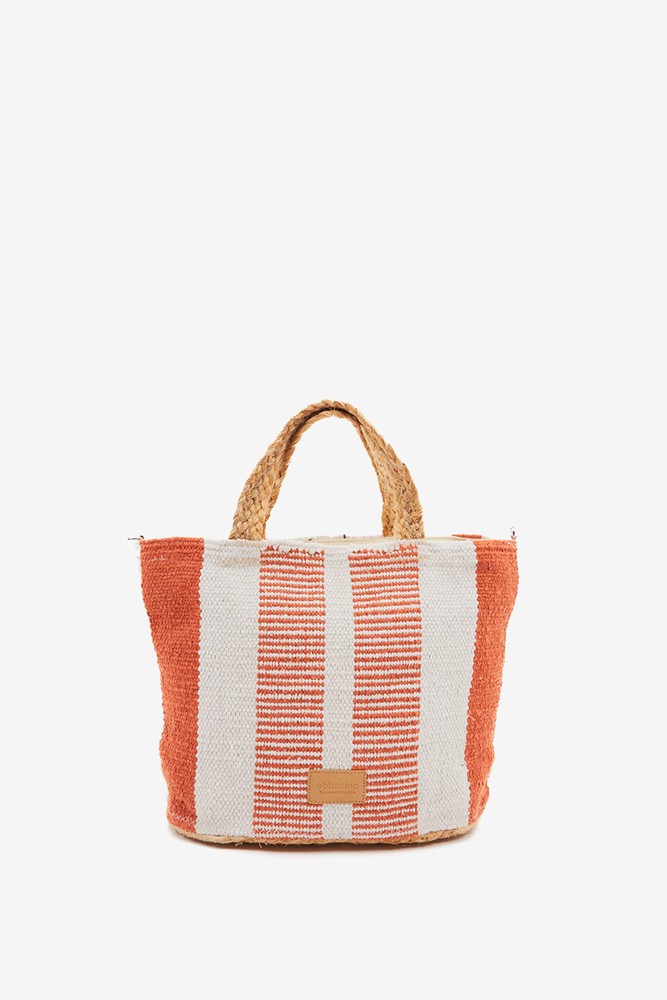 Abbacino Capazo Pequeño De Rafia Con Print A Rayas Blanco Y Naranja