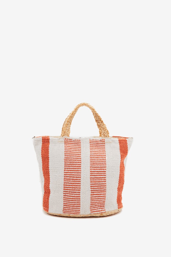 Abbacino Capazo Pequeño De Rafia Con Print A Rayas Blanco Y Naranja