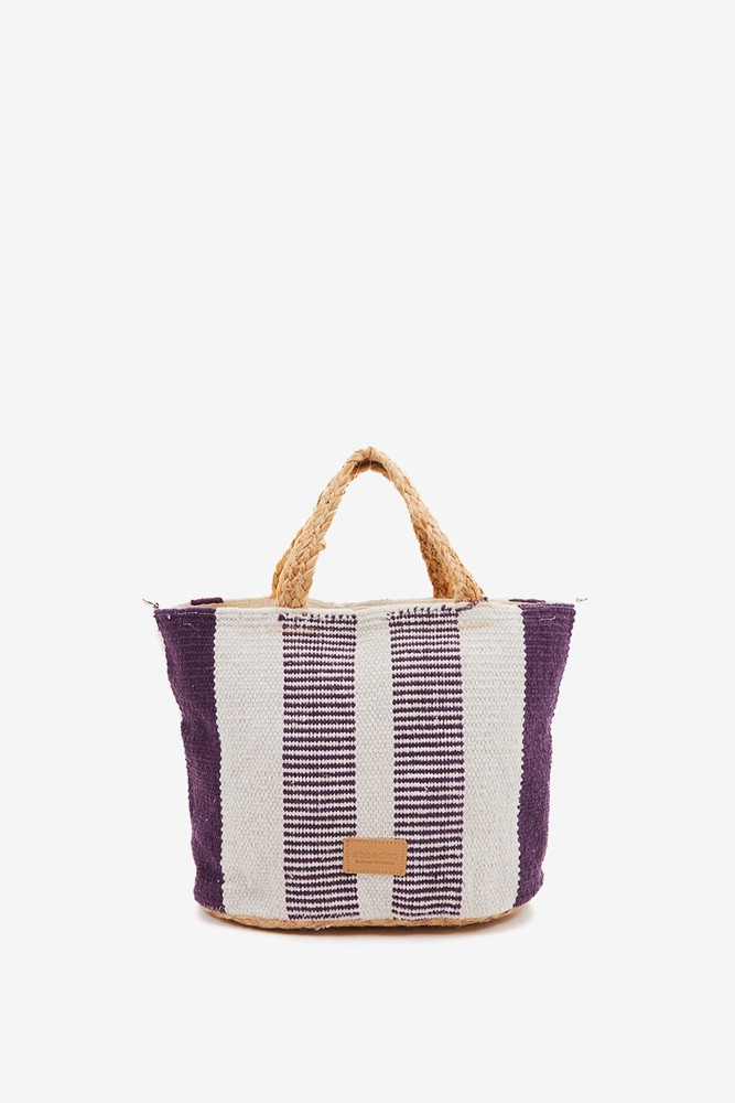 Abbacino Capazo Pequeño De Rafia Con Print A Rayas Blanco Y Lila