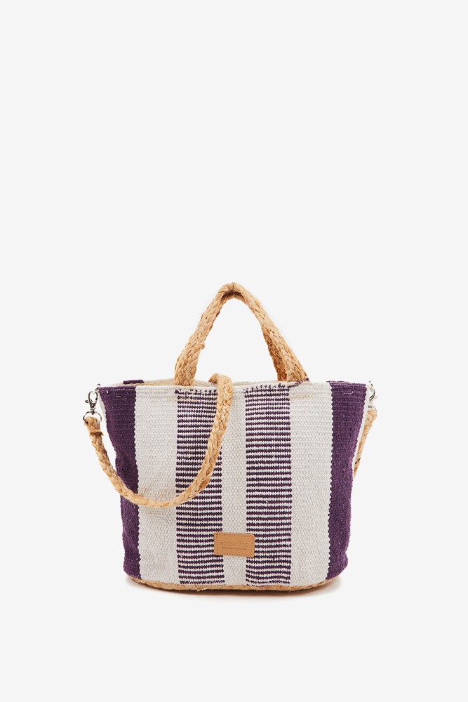 Abbacino Capazo Pequeño De Rafia Con Print A Rayas Blanco Y Lila