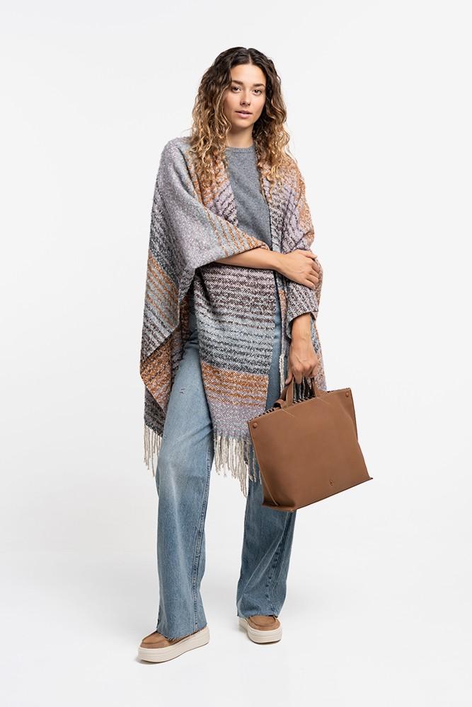 Abbacino Poncho Con Estampado A Rayas Y Flecos Azul
