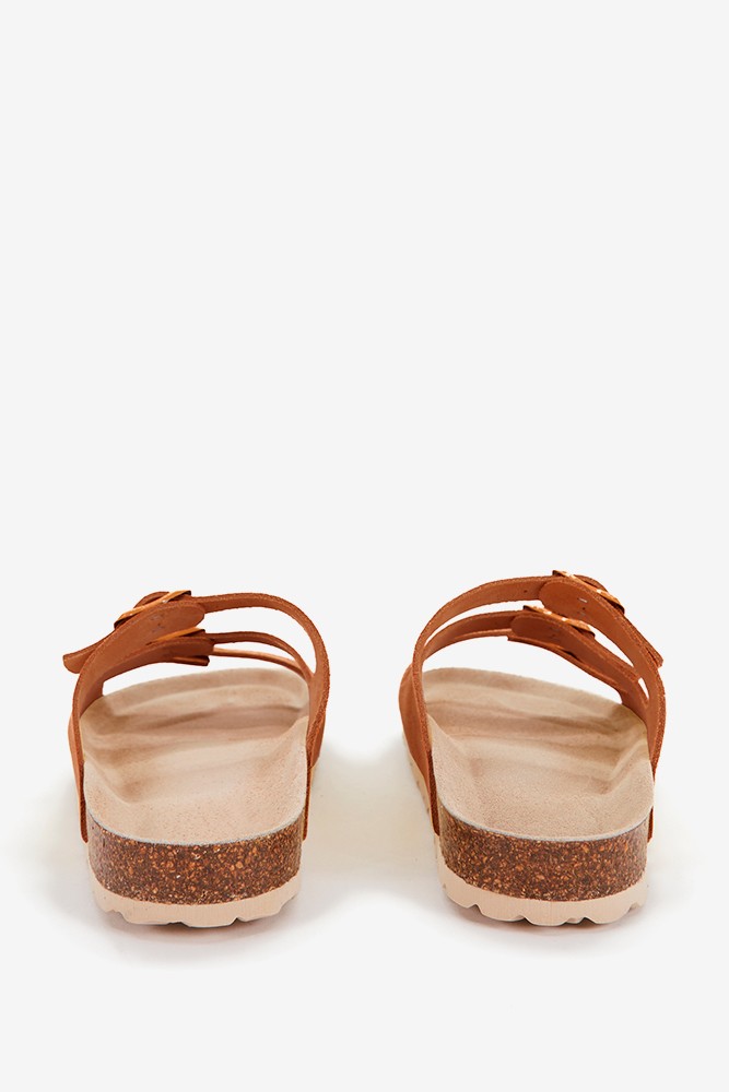 Abbacino Sandalia Plana De Mujer De Piel Y Triple Hebilla En Cognac