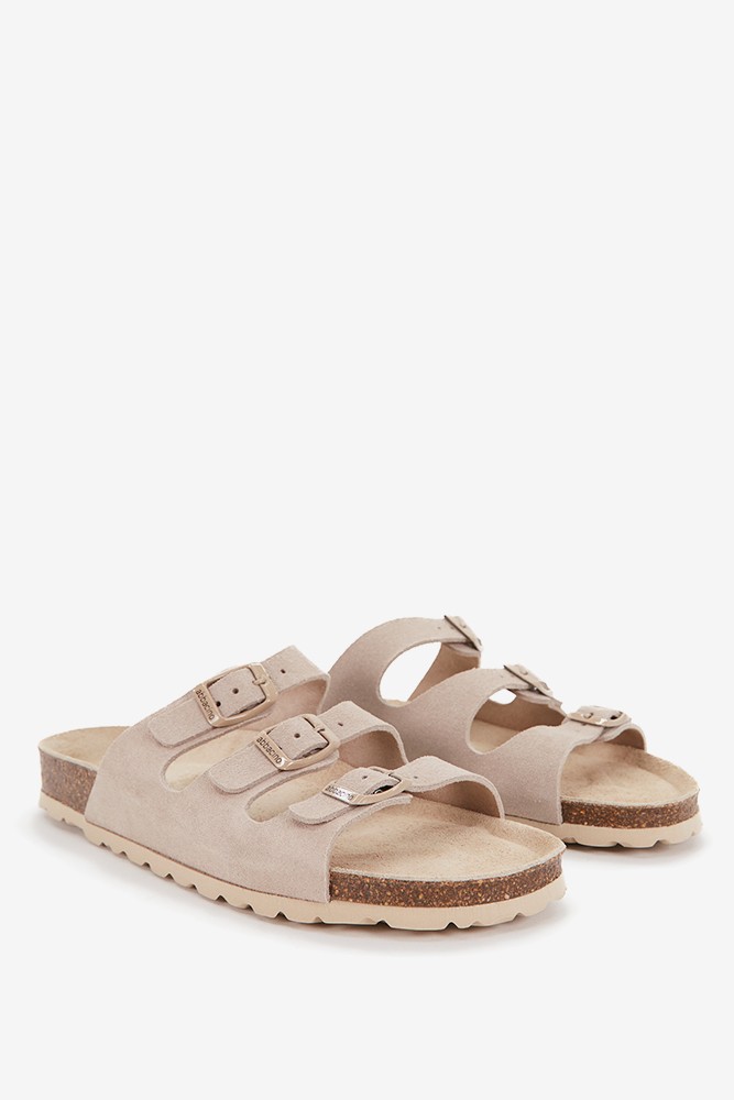 Abbacino Sandalia plana de mujer de piel y triple hebilla en beige