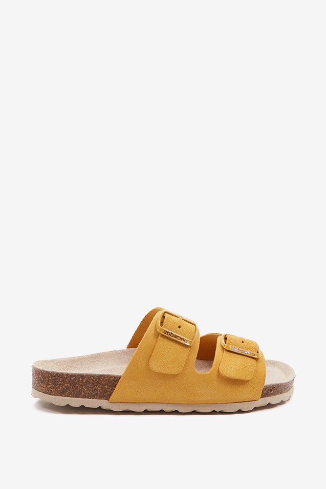 Abbacino Sandalia plana de mujer de serraje en ámbar