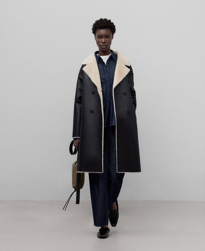 Adolfo Dominguez Abrigo Largo Piel No Piel Negro Mujer