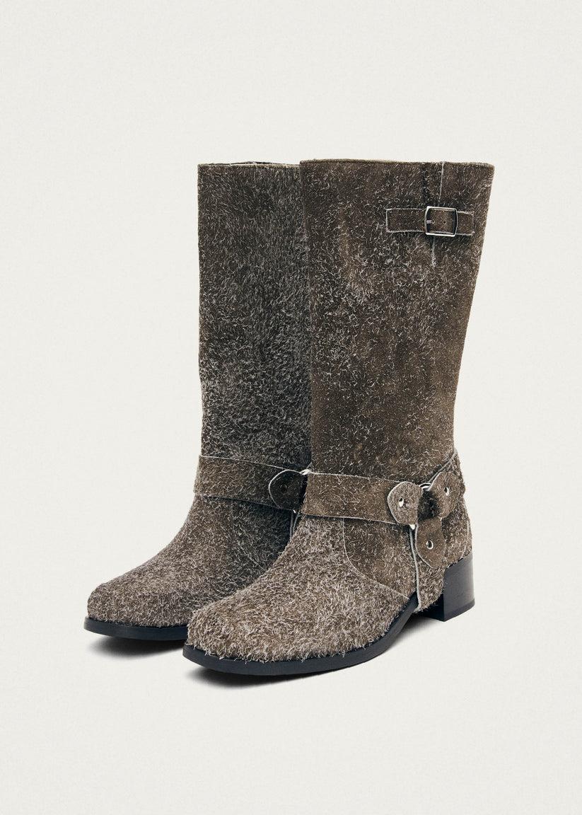 Alohas Rocky Suede Fuzzy Khaki Leather Boots