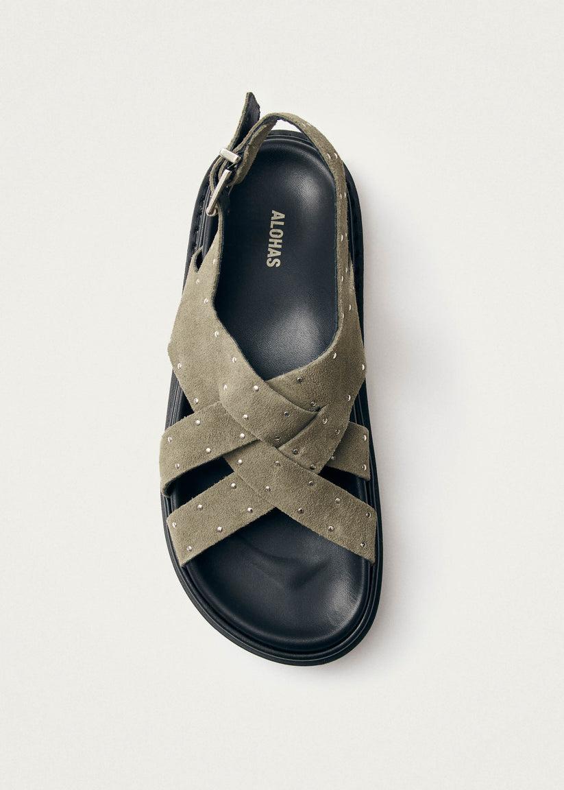 Alohas Trunca Sandalias De Cuero Ante Color Caqui Con Tachuelas