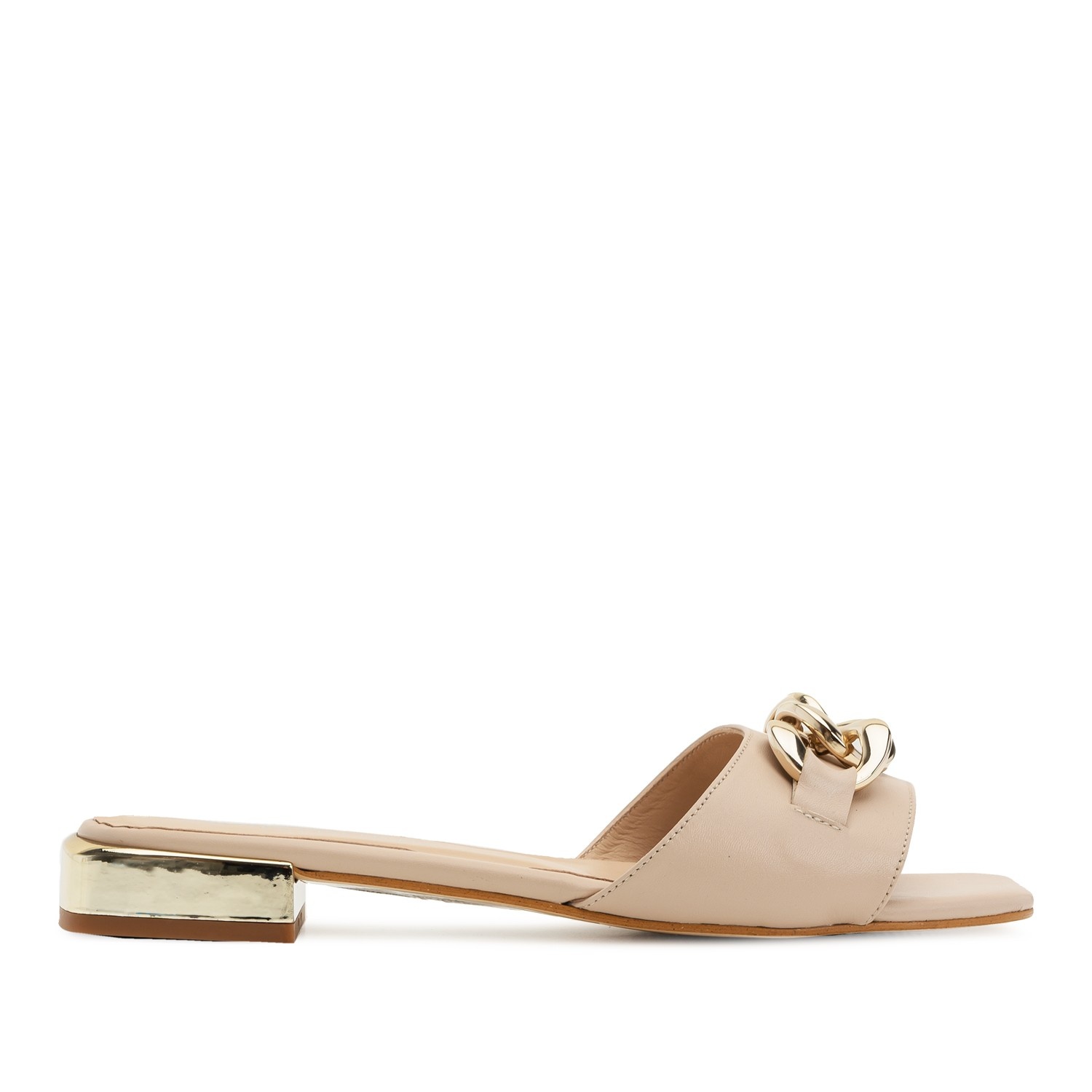 Andres Machado Sandalia Plana En Piel Beige Con Cadena