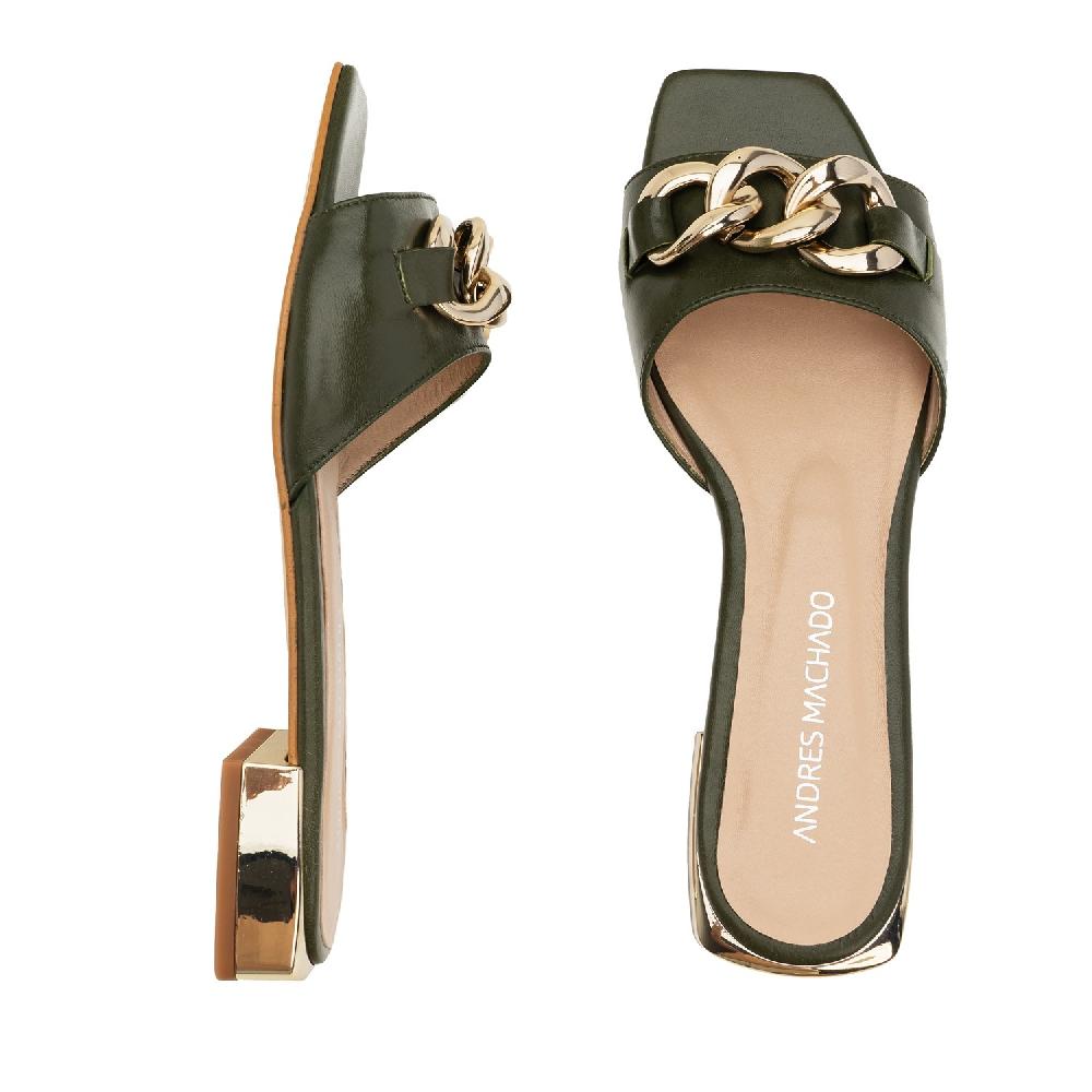 Andres Machado Sandalia Plana En Piel Kaki Con Cadena
