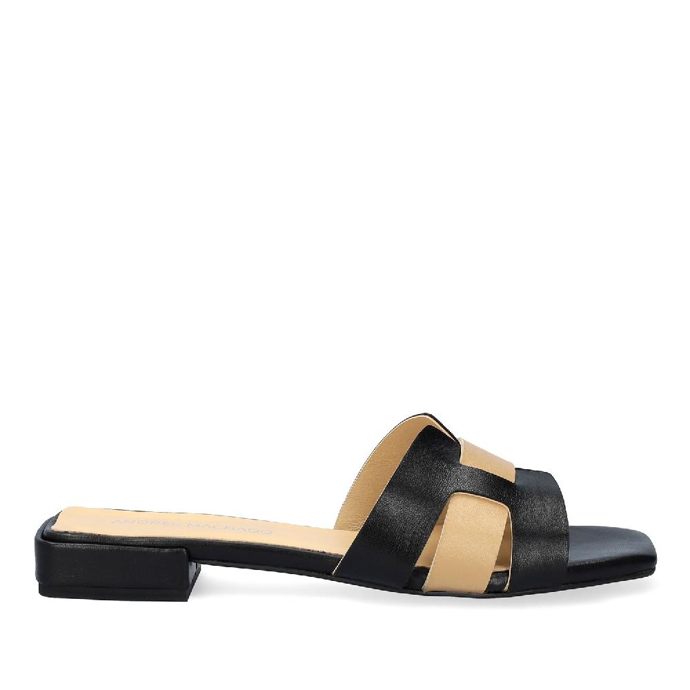 Andres Machado Sandalia Plana En Piel Negro Y Beige