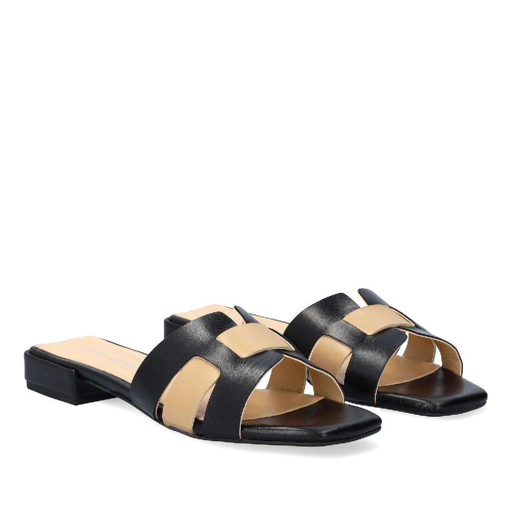 Andres machado Sandalia plana en piel negro y beige