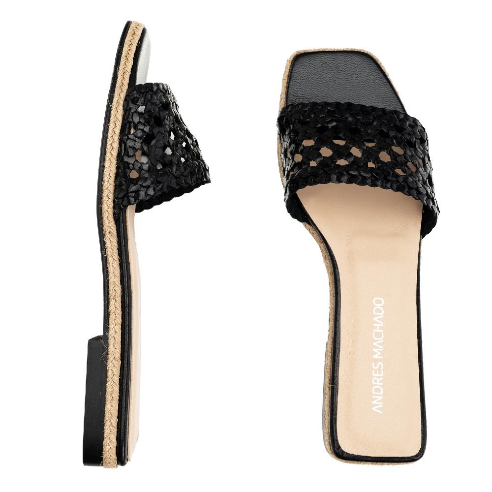 Andres Machado Sandalia Plana En Piel Trenzada Negra