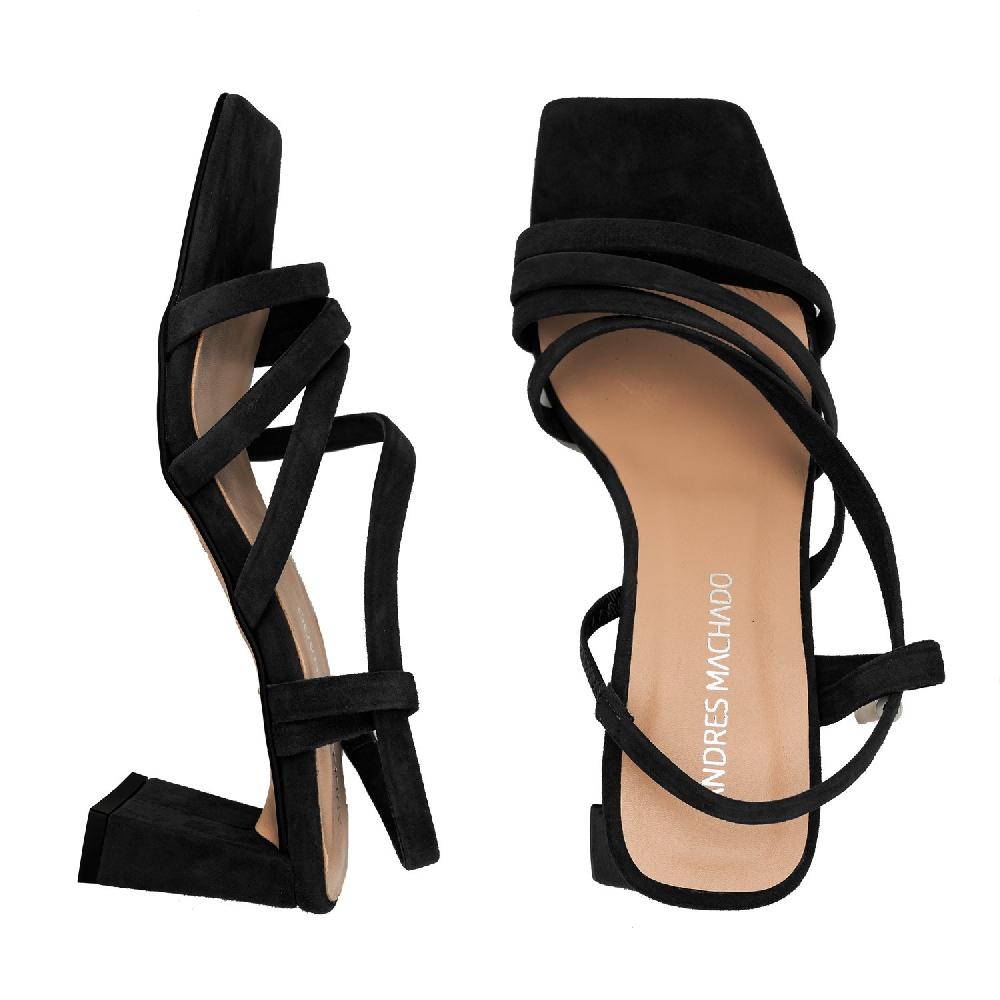 Andres Machado Sandalias De Tiras En Ante Negro De Punta Cuadrada