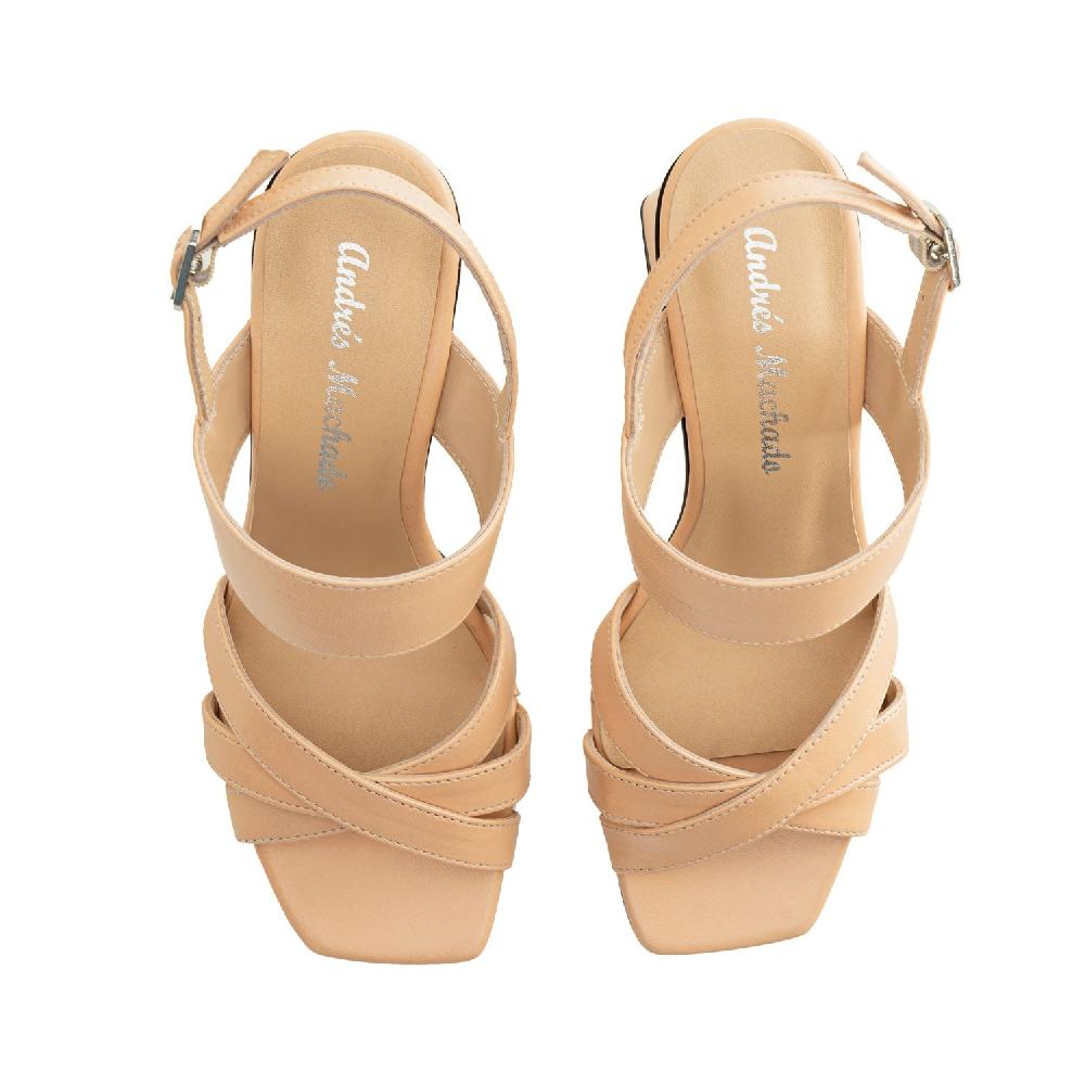 Andres Machado Sandalias Tacón Ancho En Piel De Color Crema