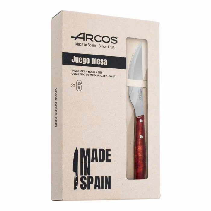 Arcos Set 6 Pzas. Cuchillo chuletero Madera de Chopo Comprimida Tinte Rojo