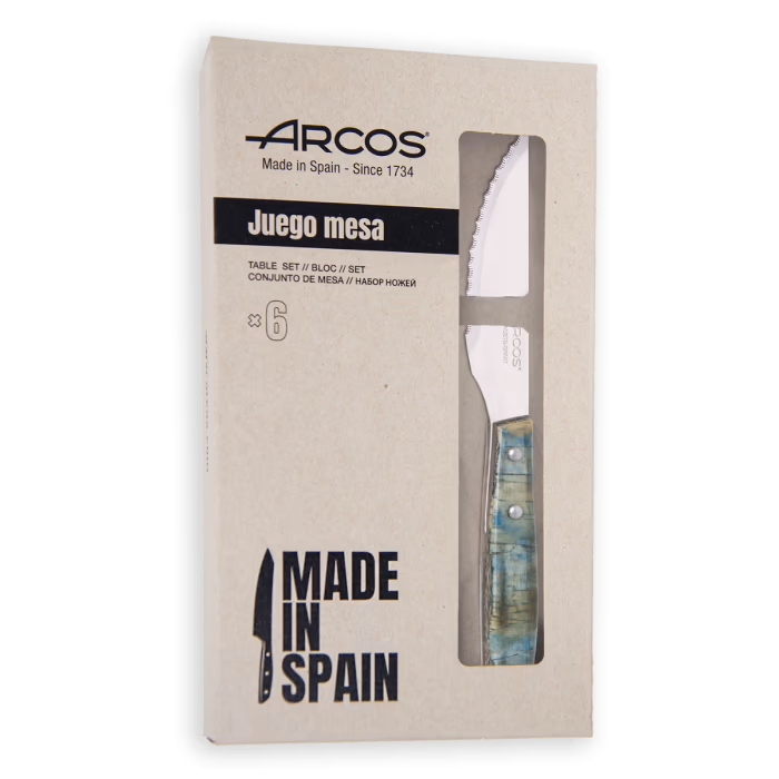 Arcos Set 6 pzas. Cuchillo Chuletero Madera de Chopo Comprimida Tinte Azul