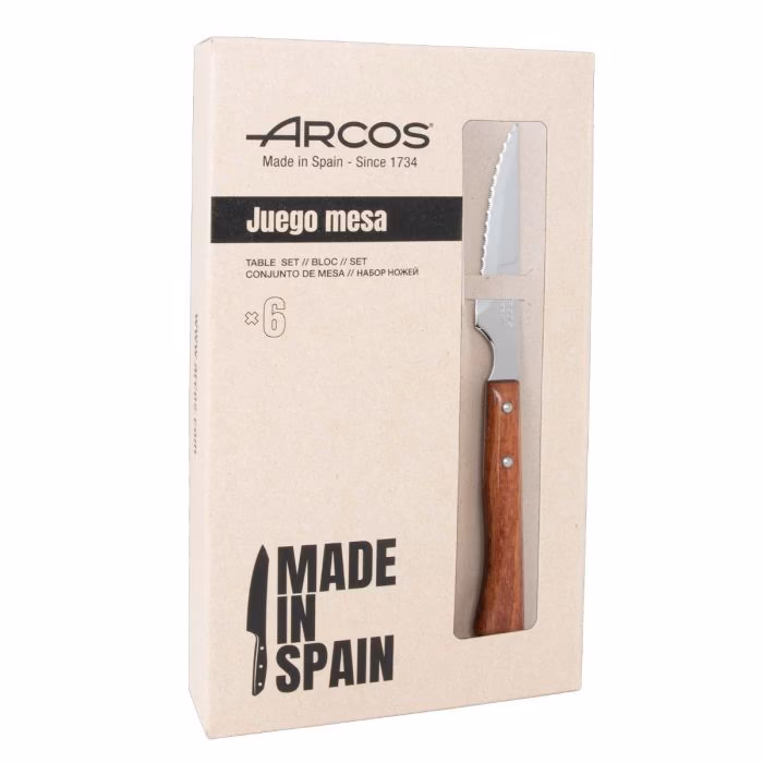 Arcos Set 6 Pzas. Cuchillo chuletero madera de haya comprimida filo con sierra 110 mm