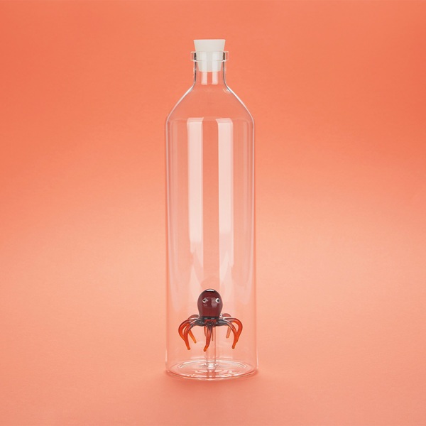 Balvi Balvi - Octopus Botella De Vidrio Para Agua. Contiene La Figura De Un Pulpo. Incluye Un Tapón De Sili
