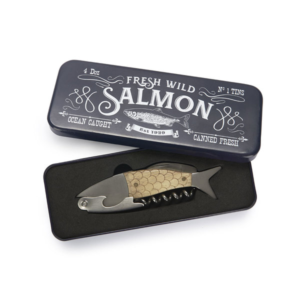 Balvi Balvi Sacacorchos Wild Salmon Abrebotellas y herramienta multifunción Con caja metálica Acero/madera