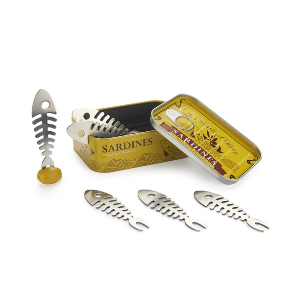 Balvi Balvi - Sardines set de 6 tenedores para aperitivo en forma de raspa de sardina y presentado en una l