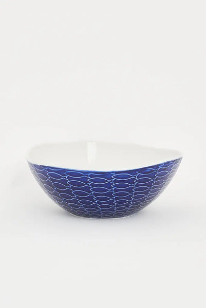 Batela Bol de Cerámica Grande Azul y Blanco con Peces en Relieve - Único