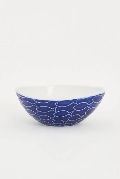 Batela Bol de Cerámica Pequeño Azul y Blanco con Peces en Relieve - Único