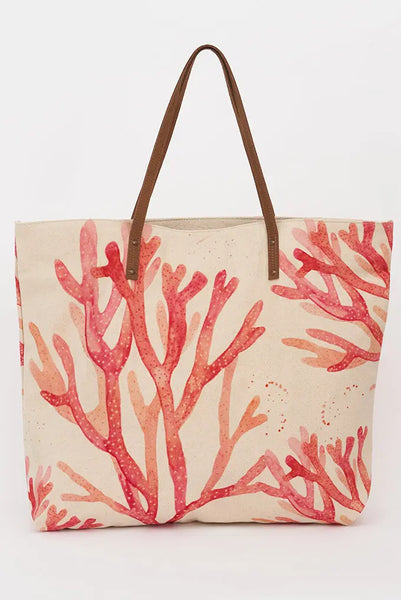 Batela Bolso Grande con Diseño de Algas en Algodón y Asa de Cuero