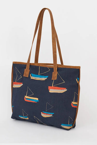 Batela Bolso Grande de Algodón y Cuero con Diseño de Barcos