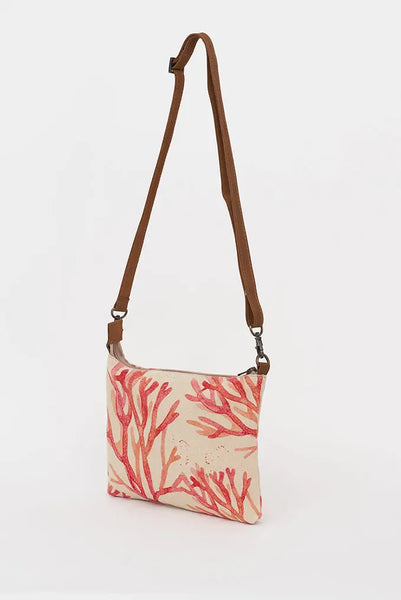 Batela Bolso Mediano con Diseño de Algas en Algodón y Correa de Cuero