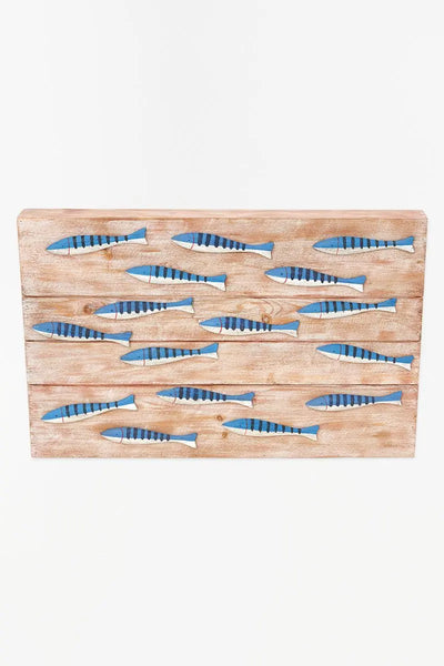Batela Caja de madera con banco de peces blancos y azules. Decoración náutica