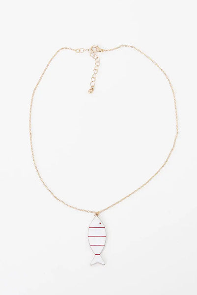Batela Collar de Pez a Rayas en Cerámica y Metal Blanco y Rojo