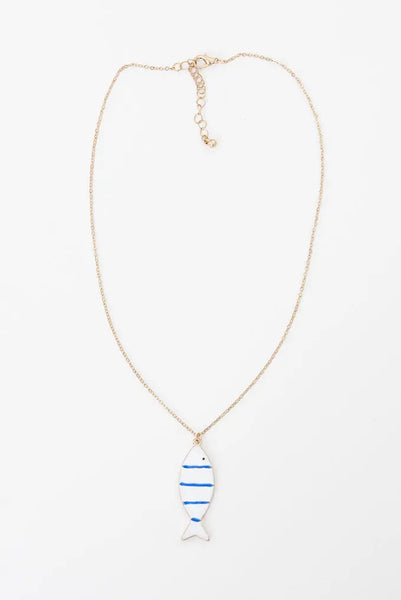 Batela Collar de Pez a Rayas en Cerámica y Metal Blanco y Azul