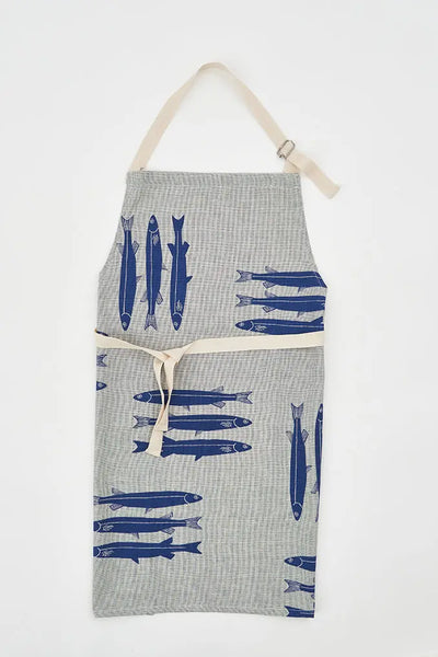 Batela Delantal Gris con Diseño de Peces Azules en Tejido Chambray
