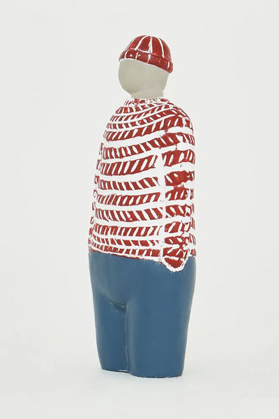 Batela Figura de Cemento Decorativa con Marinero Pintada en Rojo y Azul