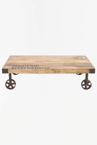 Batela Mesa baja de madera con ruedas. Decoración náutica