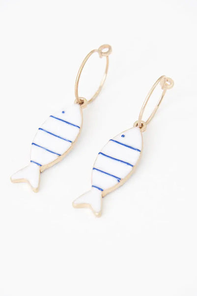 Batela Pendientes de Pez en Cerámica y Metal Color Blanco y Azul