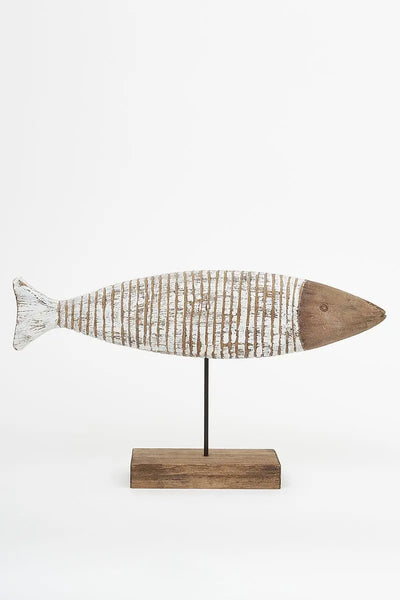 Batela Pez blanco de madera pie de metal y base de madera