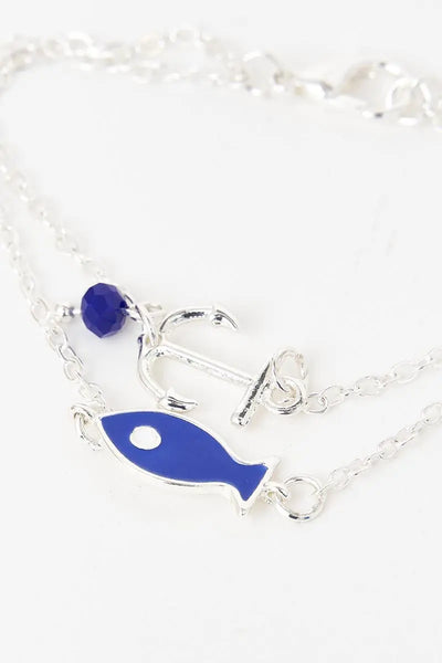 Batela Pulsera de doble cadena en plata 925. Detalle de Pez y ancla - Batela