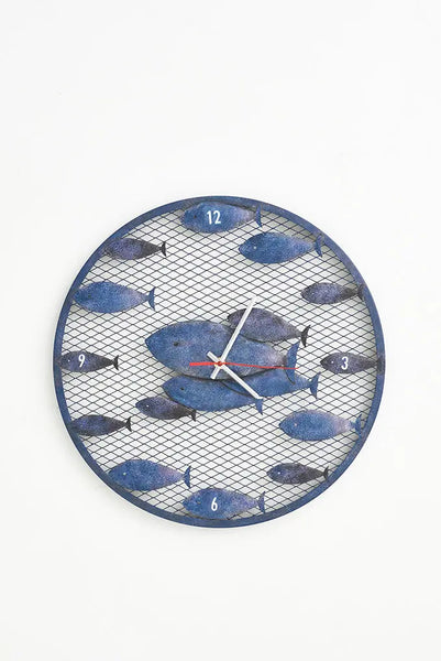 Batela Reloj de Pared Metal con Diseño de Banco Peces Azules - Estilo Náutico