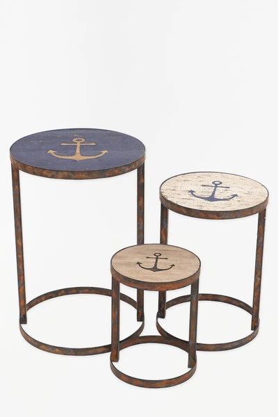 Batela Set de 3 mesas náuticas con ancla en madera y metal - Batela