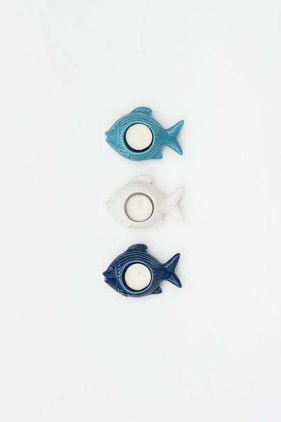 Batela Set de 3 portavelas de cerámica con forma de pez con rayas - Batela