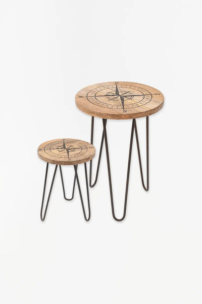 Batela Set de mesas o mesitas de hierro y madera / Rosa de los vientos