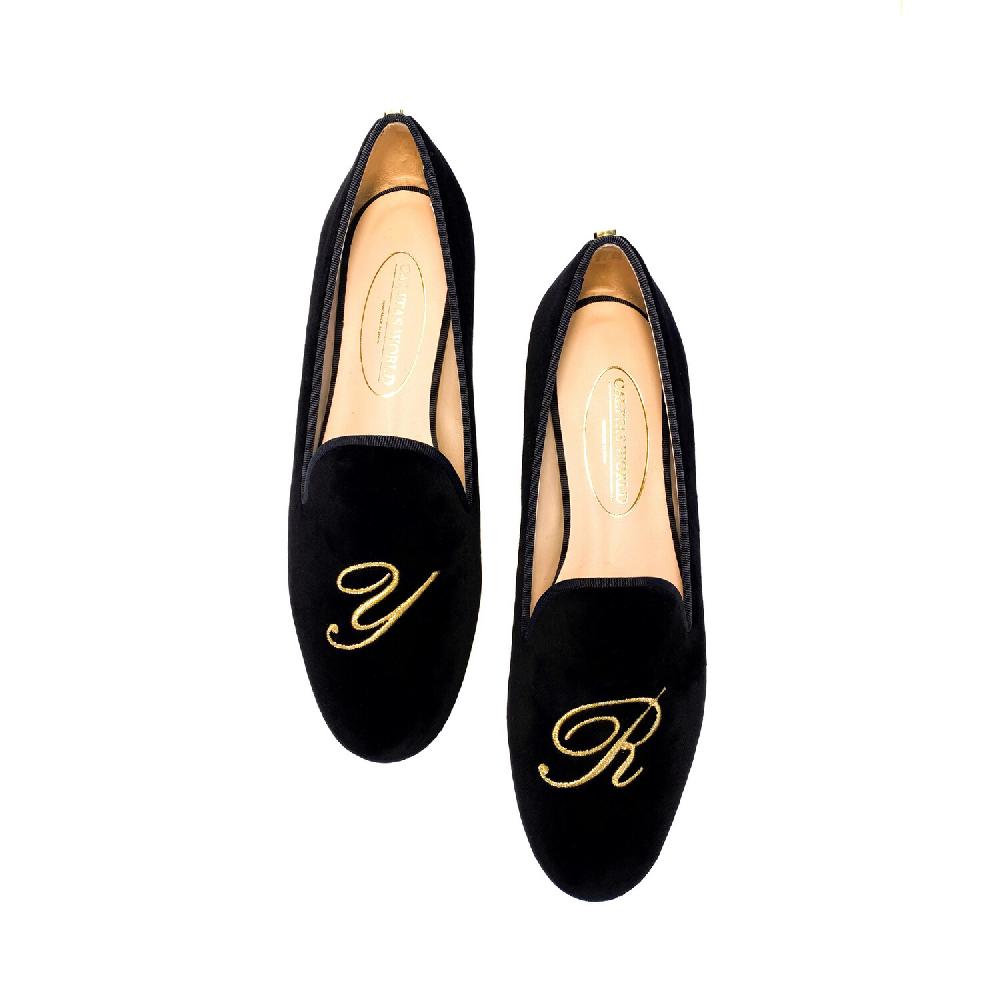Calita Shoes ​LOAFERS BLACK VELVET GOLDEN INITIALS