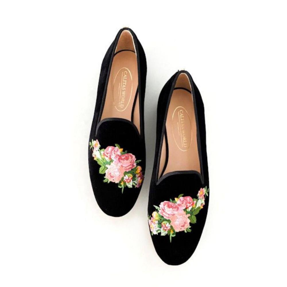 Calita Shoes ​LOAFERS BLACK VELVET PINK ROSES