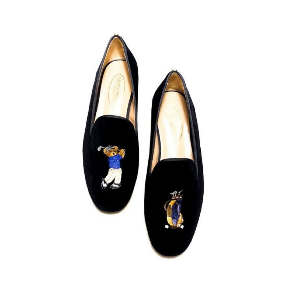 Calita Shoes ​LOAFERS MEN BLACK VELVET GOLFER BEAR