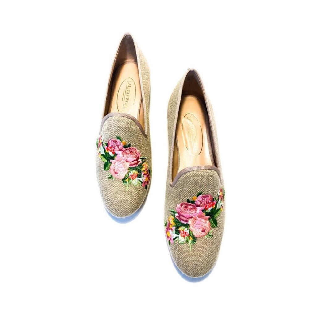 Calita Shoes ​LOAFERS NATURAL LINEN PINK FLOWER